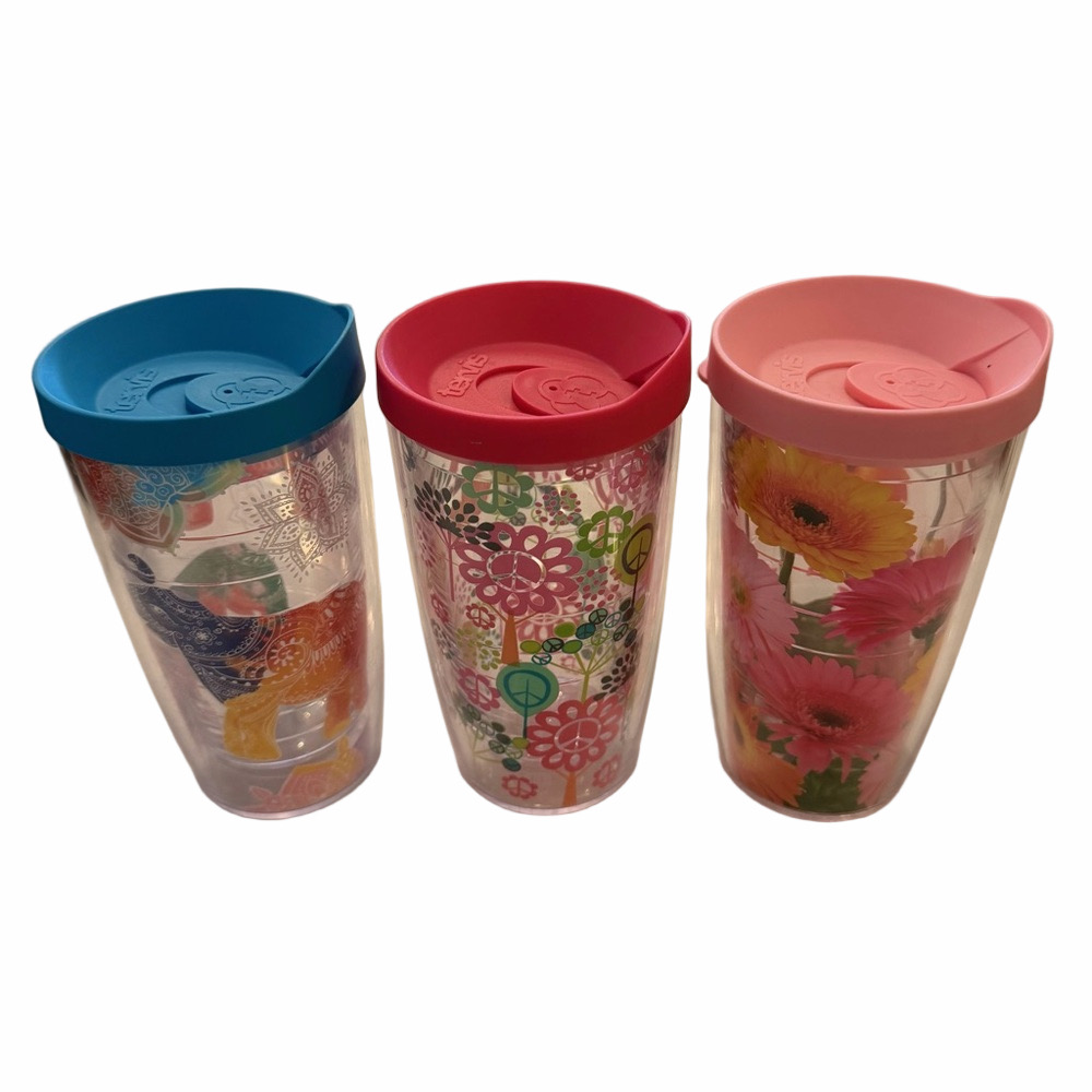 Set of 3 Tervis Tumbler Cups with Lids 16 oz Elephants Peace Flowers EUC - Picture 2 of 9